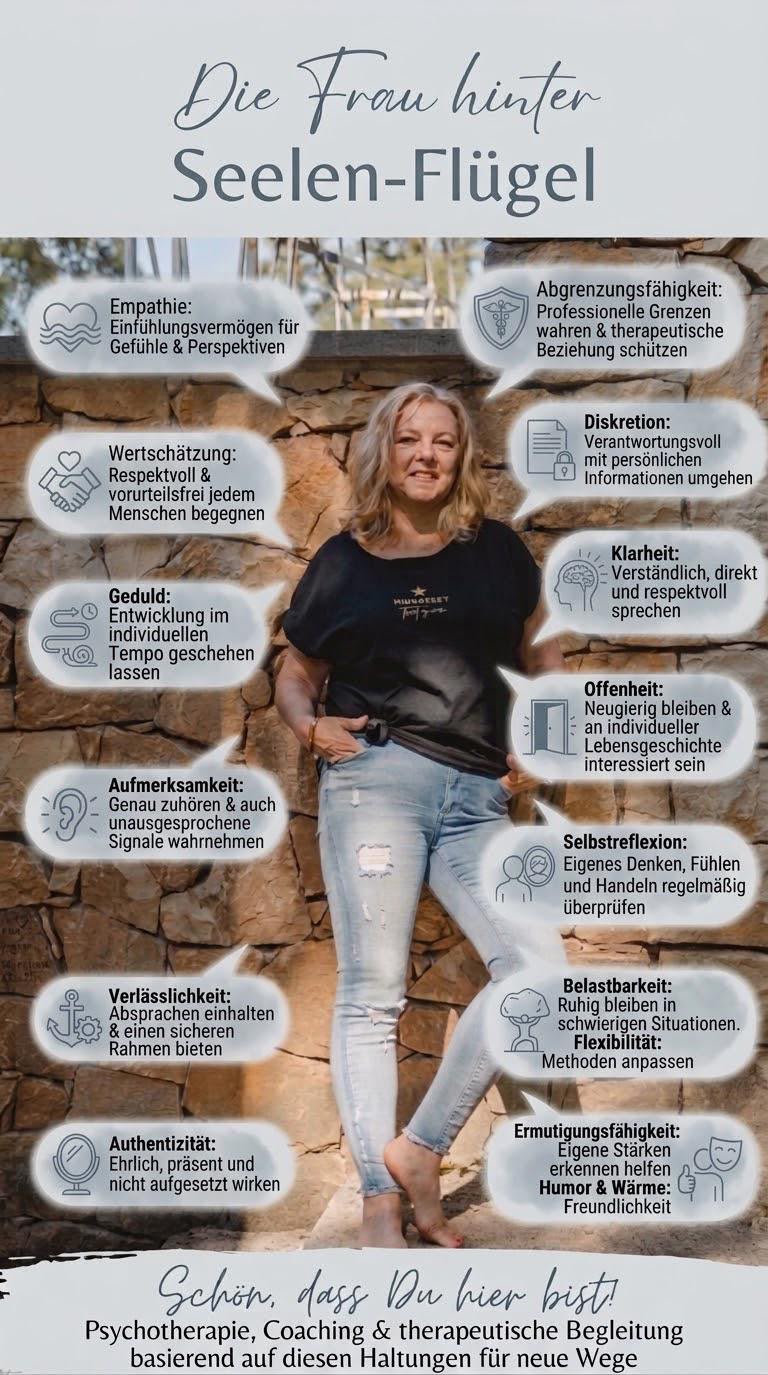 Übersicht: Was Sie von Heika Bialas erwarten können – Empathie, Wertschätzung, Geduld, Aufmerksamkeit, Verlässlichkeit, Authentizität, Abgrenzungsfähigkeit, Diskretion, Klarheit, Offenheit, Selbstreflexion, Belastbarkeit, Flexibilität, Ermutigungsfähigkeit, Humor und Wärme